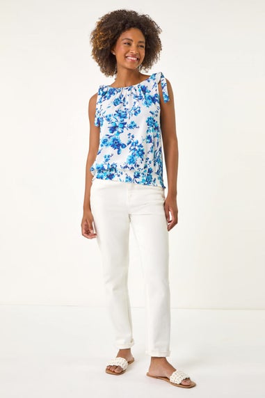 Roman Blue Floral Print Bow Detail Stretch Top
