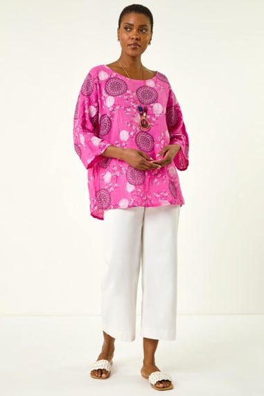 Roman Pink Floral Embroidered Cotton Top with Necklace