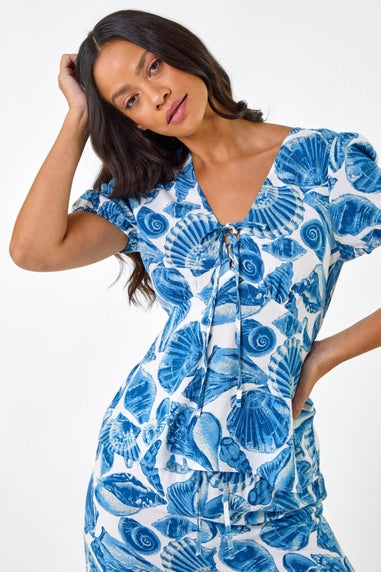 Dusk Blue Dusk Shell Print V Neck Tie Top