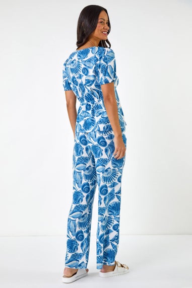 Dusk Blue Dusk Shell Print V Neck Tie Top
