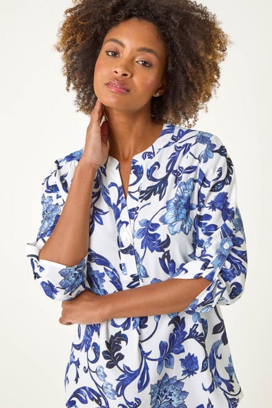 Roman Blue Floral Print Gathered Blouse