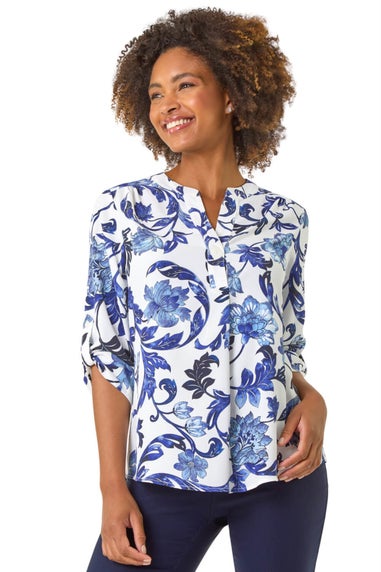 Roman Blue Floral Print Gathered Blouse
