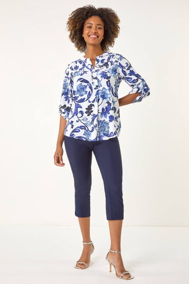 Roman Blue Floral Print Gathered Blouse