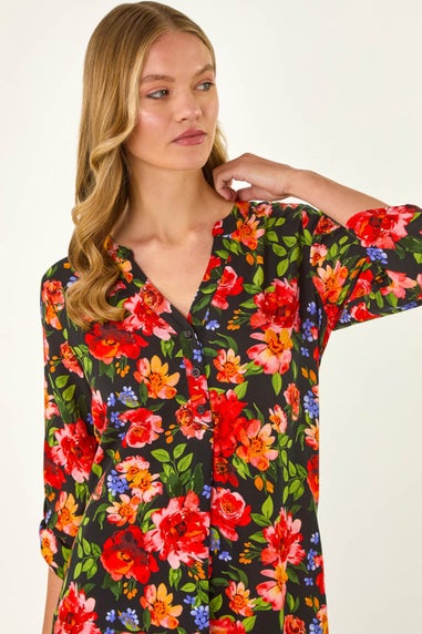 Roman Red Floral Longline Button Top