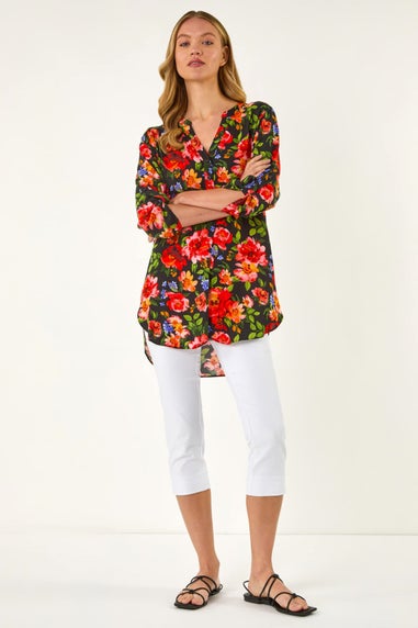 Roman Red Floral Longline Button Top