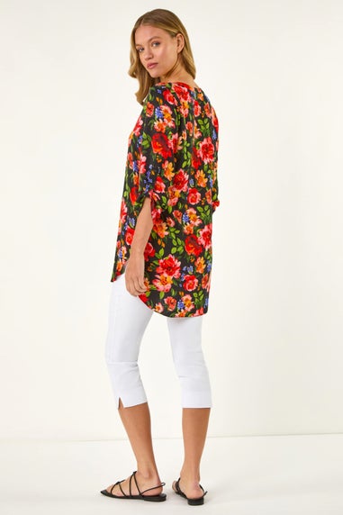 Roman Red Floral Longline Button Top