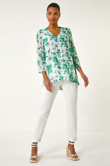Roman Green Floral Print V Neck Button Front Top