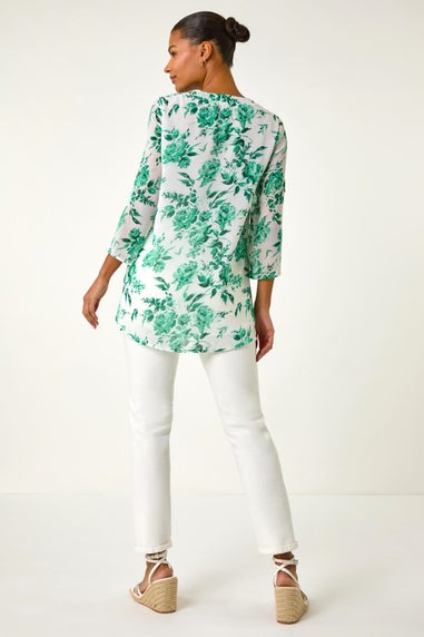 Roman Green Floral Print V Neck Button Front Top