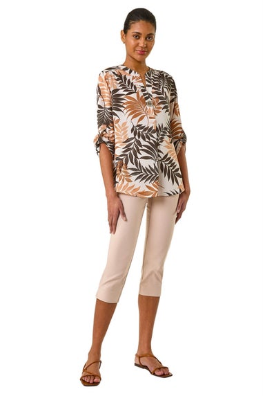 Roman Brown Leaf Print V Neck Stretch Shirt