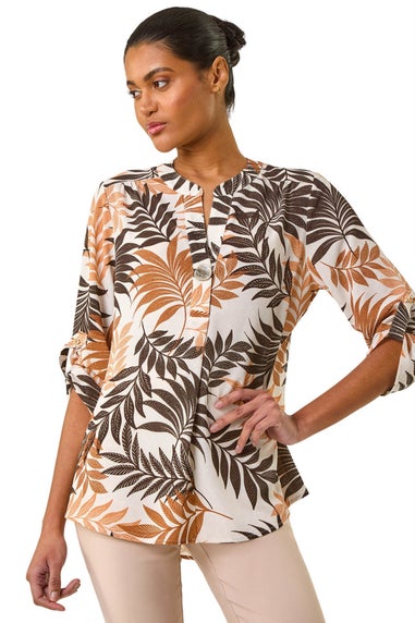 Roman Brown Leaf Print V Neck Stretch Shirt