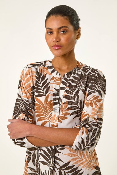 Roman Brown Leaf Print V Neck Stretch Shirt
