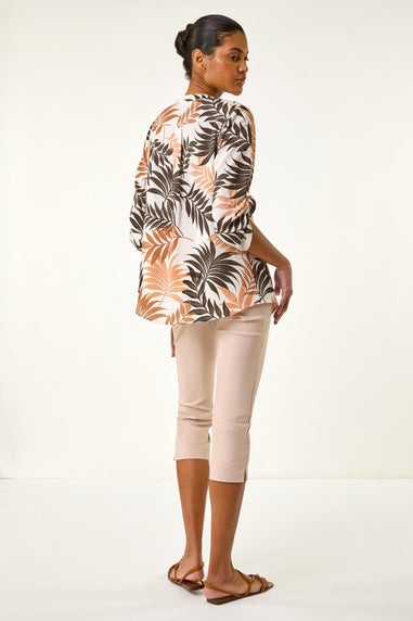 Roman Brown Leaf Print V Neck Stretch Shirt