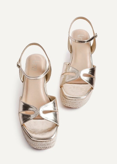 Linzi Sian Wide Fit Gold Faux Leather Linked Design Wedges