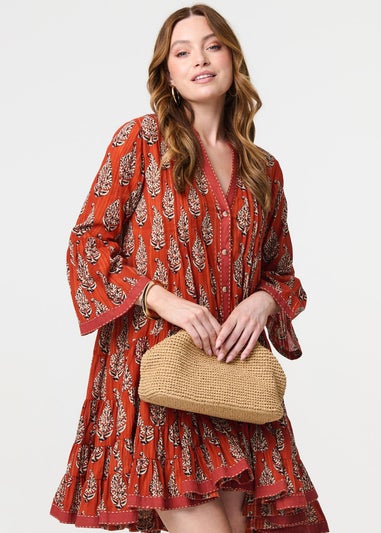 Izabel London Orange Feather Print Flare Sleeve Short Dress