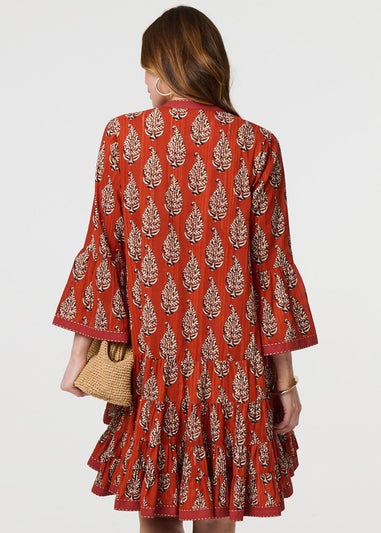 Izabel London Orange Feather Print Flare Sleeve Short Dress