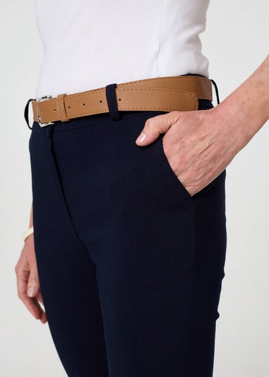 Izabel London Navy Belt Detail Slim Fit Cropped Trousers