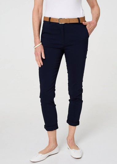 Izabel London Navy Belt Detail Slim Fit Cropped Trousers
