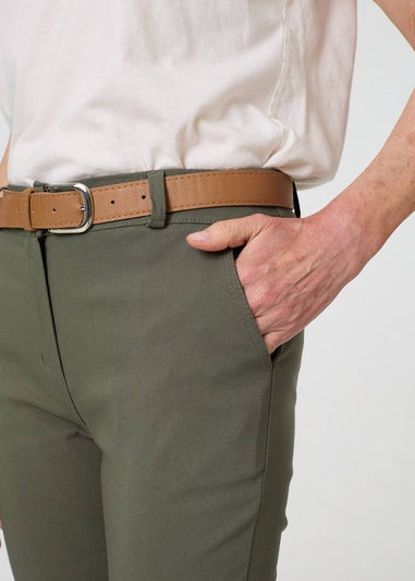 Izabel London Khaki Belt Detail Slim Fit Cropped Trousers