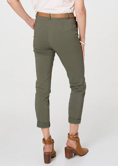 Izabel London Khaki Belt Detail Slim Fit Cropped Trousers