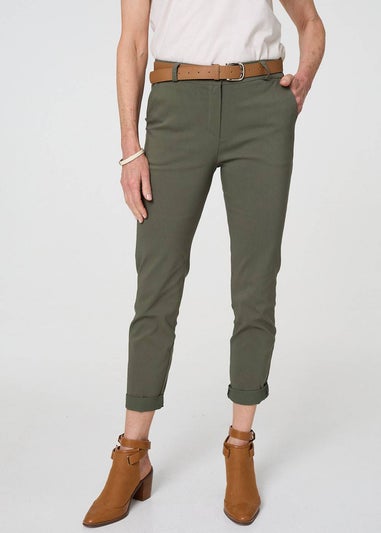 Izabel London Khaki Belt Detail Slim Fit Cropped Trousers