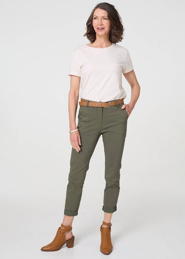 Izabel London Khaki Belt Detail Slim Fit Cropped Trousers