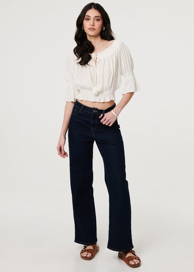Izabel London White Textured Bardot Ruched Crop Top