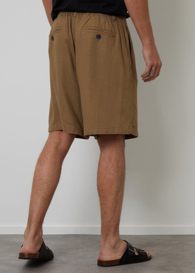 Threadbare Stone Linen Blend Pleated Loose Fit Shorts