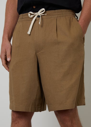 Threadbare Stone Linen Blend Pleated Loose Fit Shorts