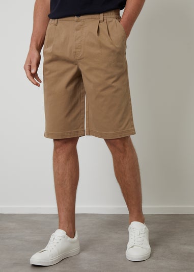Threadbare Stone Pleated Relaxed Fit Stretch Chino Shorts