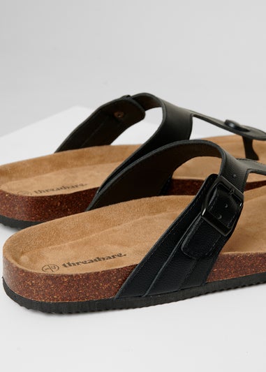 Threadbare Black Faux Leather Toe Post Sandals