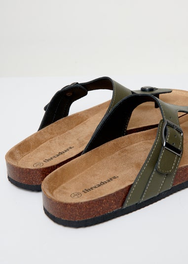 Threadbare Khaki Faux Leather Toe Post Sandals