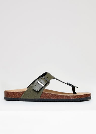 Threadbare Khaki Faux Leather Toe Post Sandals