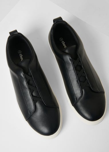 Threadbare Black Faux Leather Elastic Lace Slip On Trainers
