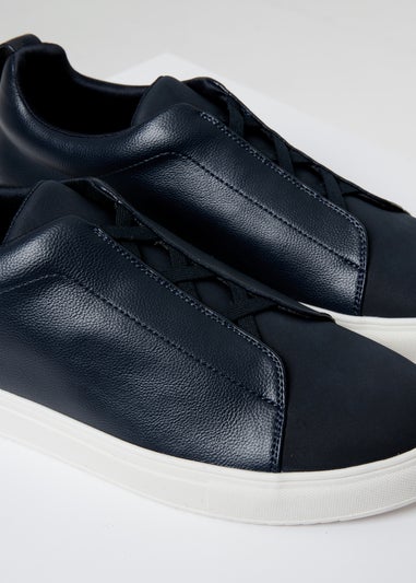 Threadbare Navy Faux Leather Elastic Lace Slip On Trainers