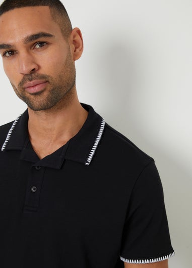 Threadbare Black Cotton Contrast Revere Collar Polo Shirt