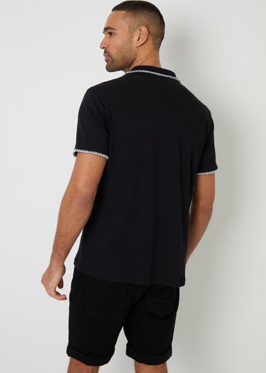 Threadbare Black Cotton Contrast Revere Collar Polo Shirt