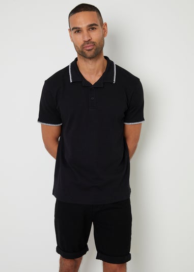 Threadbare Black Cotton Contrast Revere Collar Polo Shirt