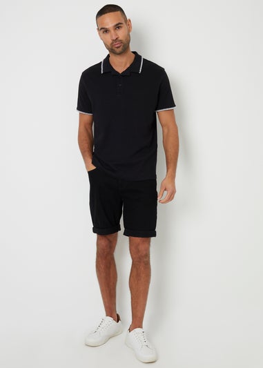 Threadbare Black Cotton Contrast Revere Collar Polo Shirt