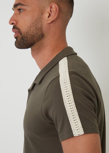 Threadbare Khaki Crochet Detail Revere Collar Polo Shirt