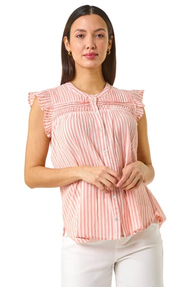Roman Light Pink Stripe Print Frill Blouse
