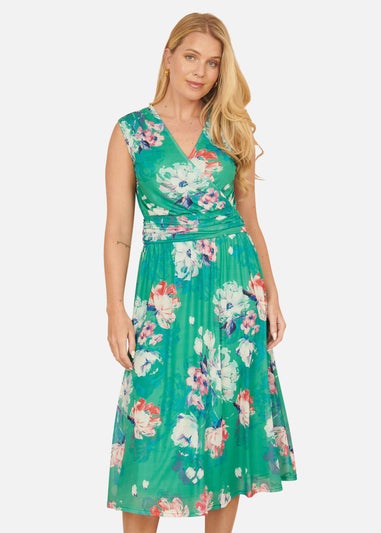 Yumi Green Blossom Print Stretch Mesh Dress With Pockets