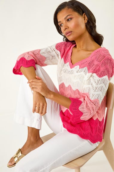 Roman Pink Colour Block Crochet Knit Scalloped Jumper