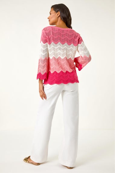 Roman Pink Colour Block Crochet Knit Scalloped Jumper