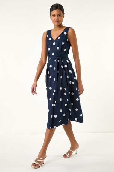 Roman Navy Spot Print Belted Midi Dress