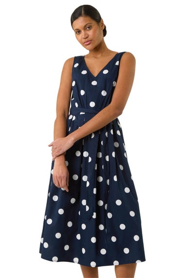 Roman Navy Spot Print Belted Midi Dress