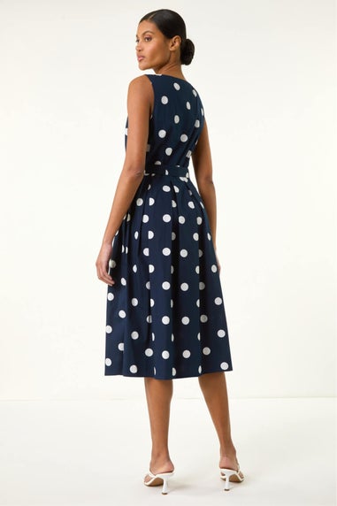 Roman Navy Spot Print Belted Midi Dress