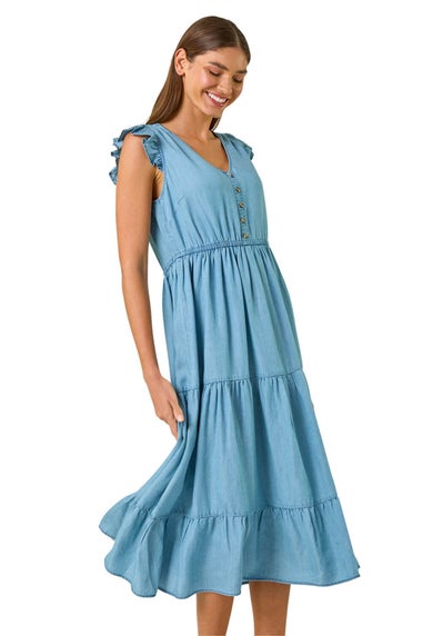 Roman Light Denim Tiered Frill Sleeve Midi Dress