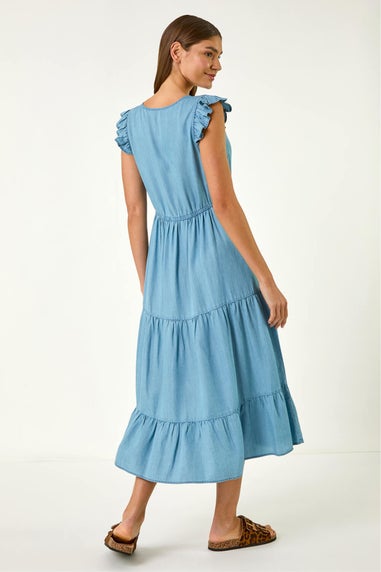 Roman Light Denim Tiered Frill Sleeve Midi Dress