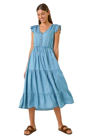 Roman Light Denim Tiered Frill Sleeve Midi Dress