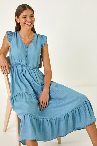Roman Light Denim Tiered Frill Sleeve Midi Dress